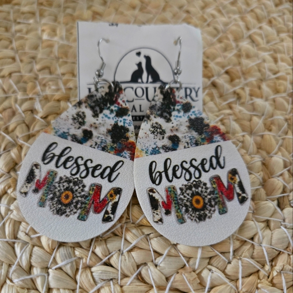 Blessed Mom Leather Boho Earrings with Floral Design